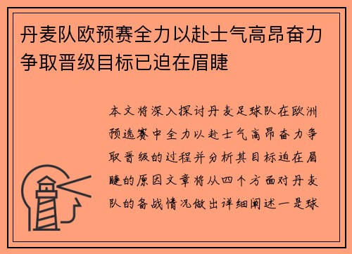 丹麦队欧预赛全力以赴士气高昂奋力争取晋级目标已迫在眉睫