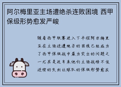 阿尔梅里亚主场遭绝杀连败困境 西甲保级形势愈发严峻