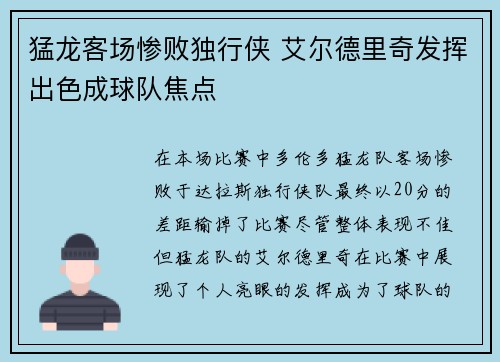 猛龙客场惨败独行侠 艾尔德里奇发挥出色成球队焦点